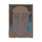 Reverse side of ethereal guardian woven blanket in dark charcoal with lavender-purple beard and teal flanks, cotton fringe
