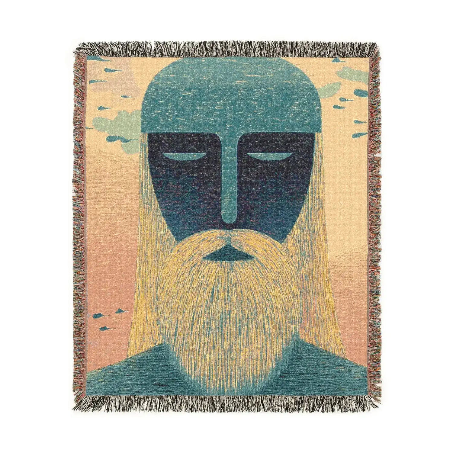 Square woven blanket with teal-headed mystical bearded figure, golden yellow beard on peach background, fringe trim