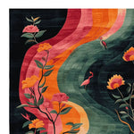 Ethereal River Dream Hand Tufted Area Rug showcasing a vibrant floral design with flowing abstract lines in shades of pink, orange, and green. Perfect for adding a touch of elegance to large living room spaces. This wool rug features intricate details of flowers and birds, ideal for those seeking unique rugs for their living room.