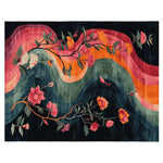 A vibrant Ethereal River Dream Hand Tufted Area Rug showcasing a colorful abstract floral pattern. This wool rug features a blend of pink, orange, and green hues, perfect for adding a touch of elegance to large living rooms. Ideal as a floral rug for enhancing any living space with its artistic design.