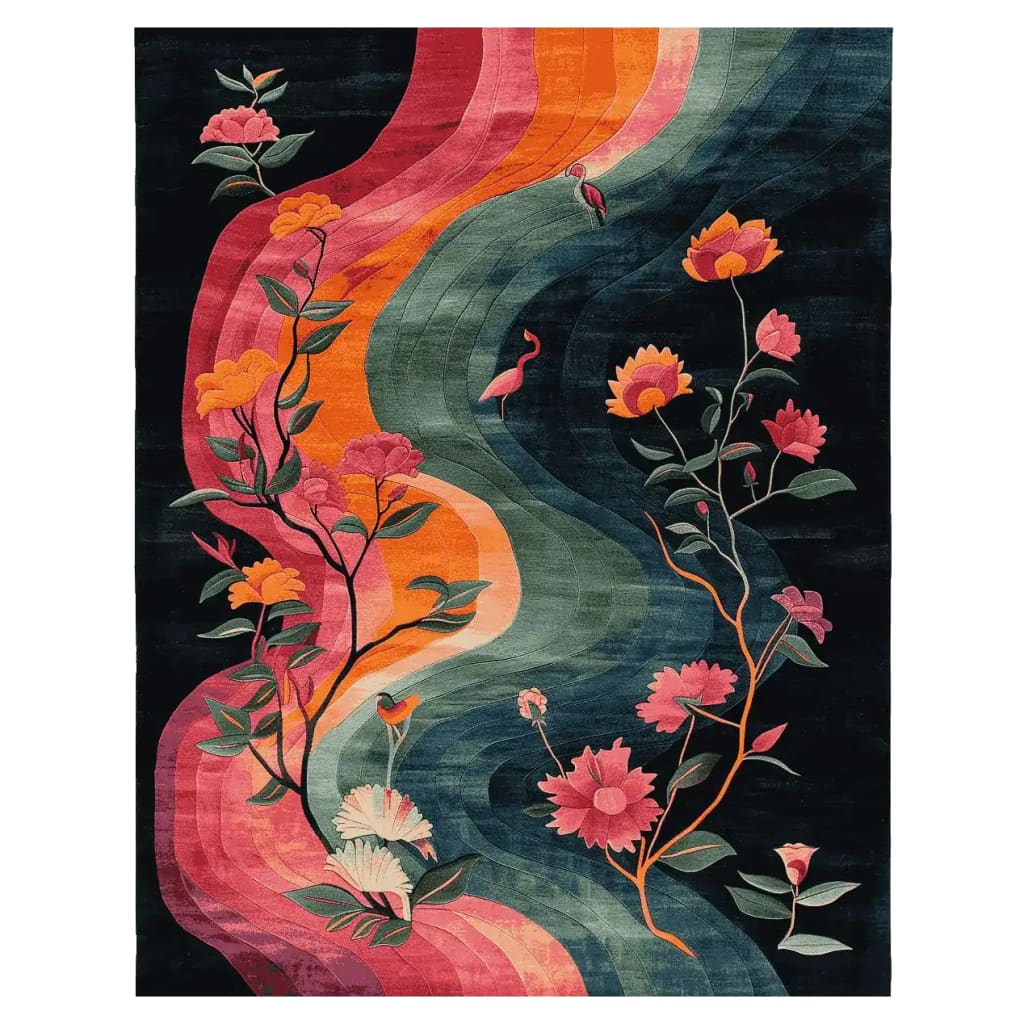 A beautifully hand-tufted area rug showcasing a vibrant floral design, perfect for large living rooms. This wool rug features an ethereal river motif with colorful flowers and elegant curves, ideal for adding a touch of nature-inspired elegance to any space.