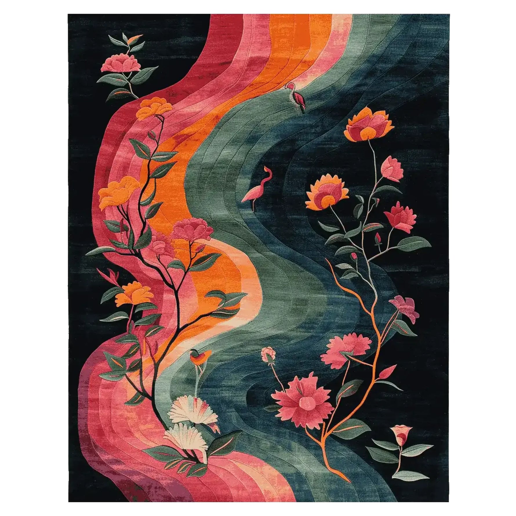 A beautifully hand-tufted area rug showcasing a vibrant floral design, perfect for large living rooms. This wool rug features an ethereal river motif with colorful flowers and elegant curves, ideal for adding a touch of nature-inspired elegance to any space.