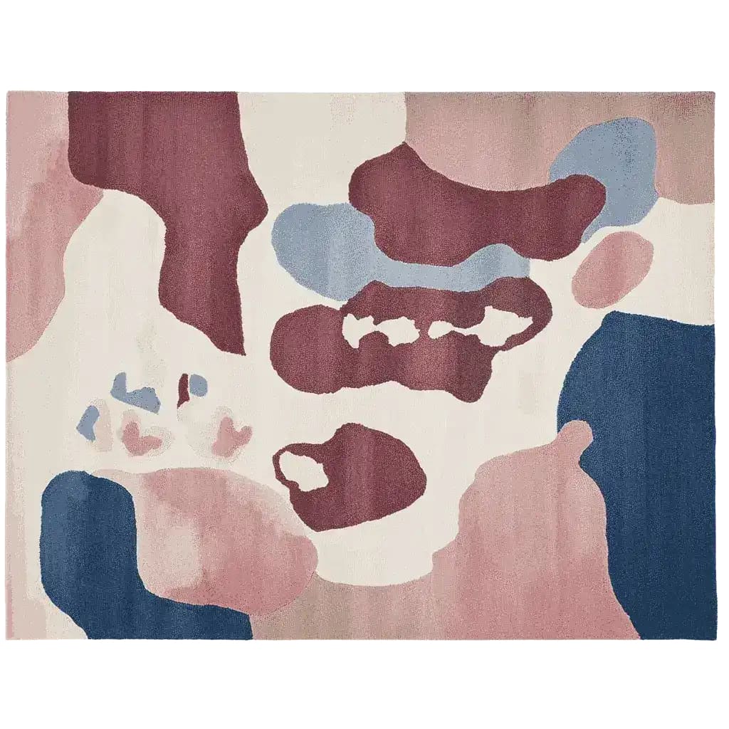 A stunning Ethereal Terrain Hand Knotted Area Rug featuring an abstract design in earthy tones of burgundy, blue, and cream. This contemporary rug is perfect for adding a stylish touch to large living rooms. Made of high-quality wool, this area rug combines modern aesthetics with durability, making it an ideal choice for those seeking elegant area rugs for living room spaces.