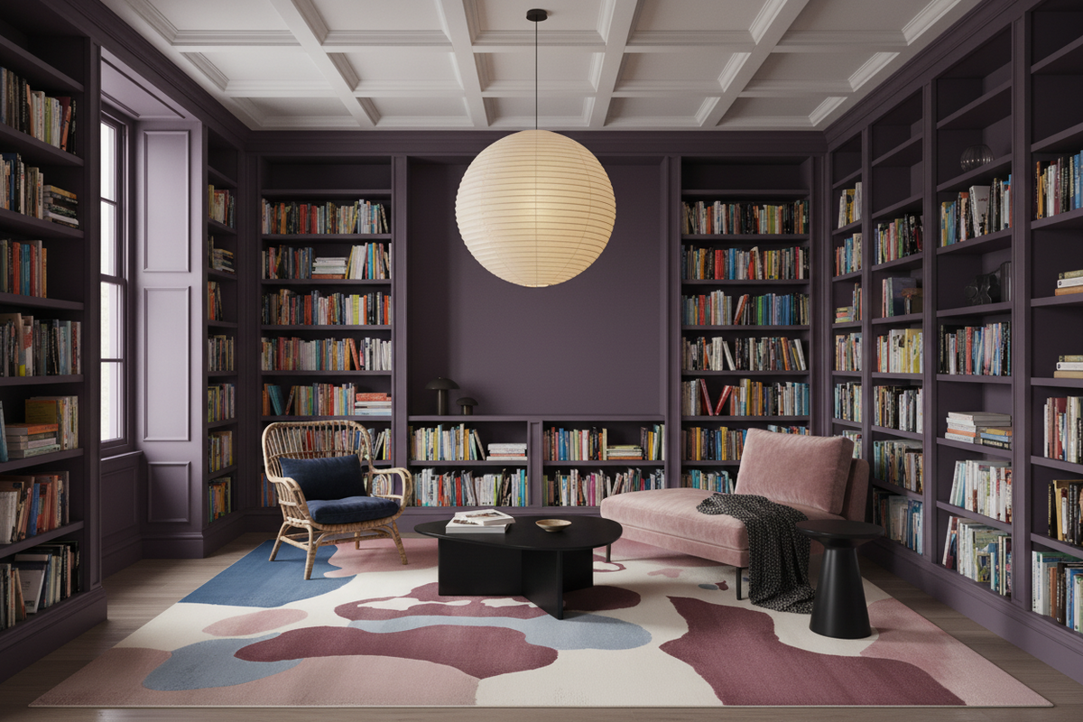 Modern living room with bookshelves, a sofa, abstract rug, and a round light fixture.