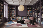Modern living room with bookshelves, a sofa, abstract rug, and a round light fixture.
