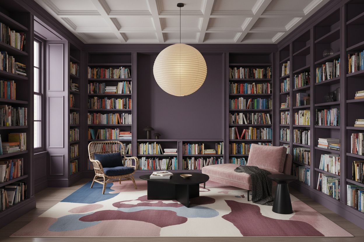 Modern living room with bookshelves, a sofa, abstract rug, and a round light fixture.
