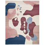 Ethereal Terrain Hand Knotted Area Rug featuring an abstract contemporary design with soft pastel colors including blue, burgundy, and beige. This large living room rug is crafted from high-quality wool, offering a stylish and cozy addition to modern spaces.