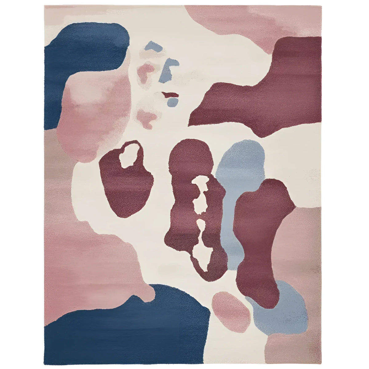 Ethereal Terrain Hand Knotted Area Rug featuring an abstract contemporary design with soft pastel colors including blue, burgundy, and beige. This large living room rug is crafted from high-quality wool, offering a stylish and cozy addition to modern spaces.