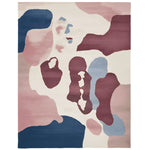 Ethereal Terrain Hand Knotted Area Rug featuring an abstract contemporary design with soft pastel colors including blue, burgundy, and beige. This large living room rug is crafted from high-quality wool, offering a stylish and cozy addition to modern spaces.