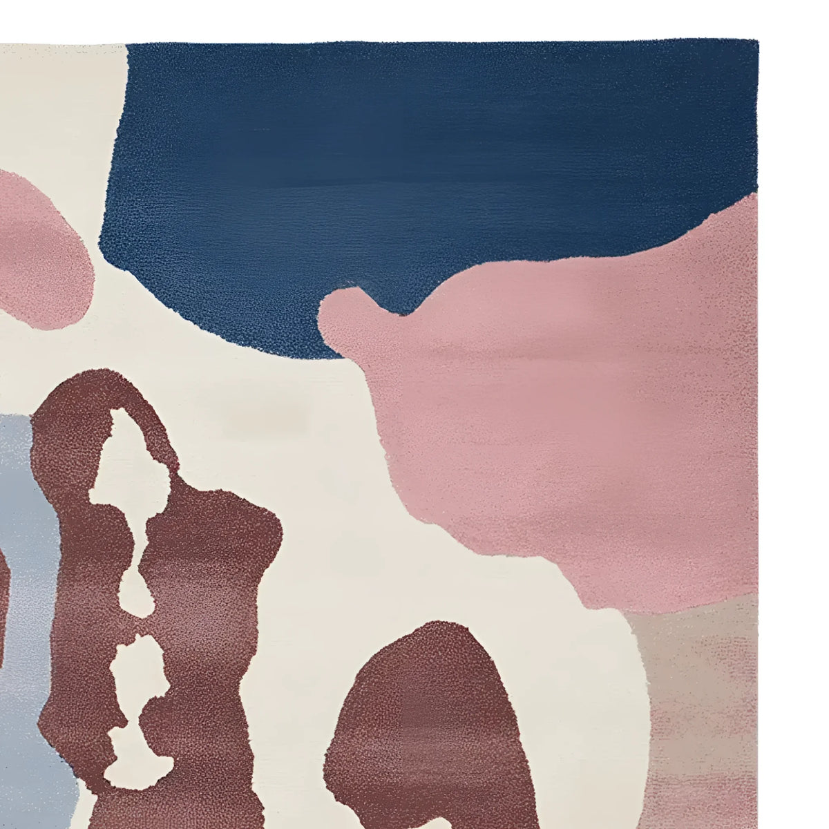 Top view of the Ethereal Terrain Hand Knotted Area Rug featuring an abstract design with rich hues of blue, pink, and brown. This contemporary rug is perfect for adding a modern touch to large living rooms. Made from high-quality wool, this area rug offers both style and durability.