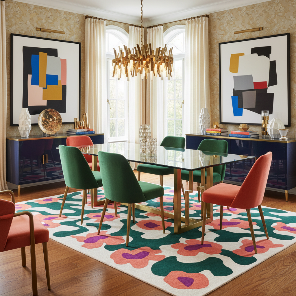 Dining room with colorful chairs, abstract art, and a floral rug.