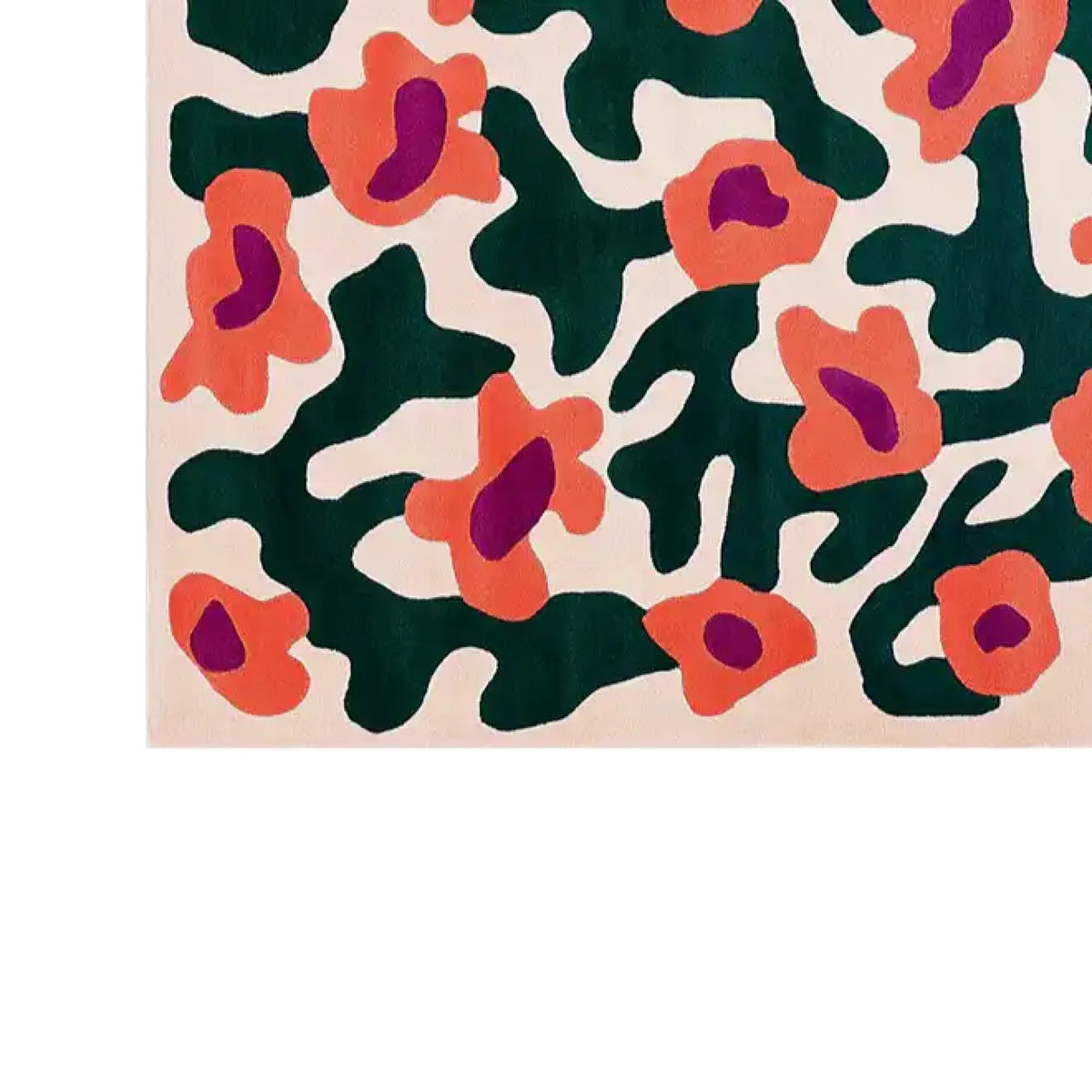 A vibrant, hand-tufted wool area rug with an abstract design featuring bold orange and purple shapes against a deep green and cream background, creating an artistic and modern look.