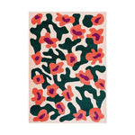 Vibrant area rug featuring an abstract design with deep green and bright orange shapes on a soft cream background. The Ethereal Tiger Haven Hand Tufted Wool Rug adds a bold, artistic touch to any room.