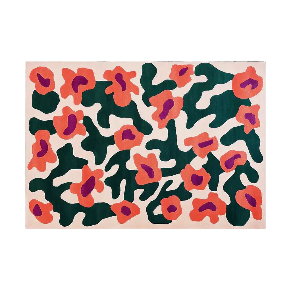 Vibrant and artistic hand-tufted wool area rug featuring an abstract design with bold orange and green patterns, resembling a tiger-inspired motif, perfect for adding a touch of creativity to any living space.