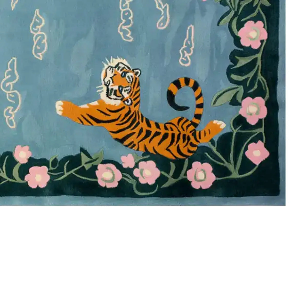 This vibrant area rug features a playful abstract tiger design on a serene blue background, bordered by lush green foliage and delicate pink flowers, capturing a unique blend of nature and artistry.