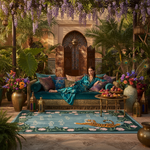 Woman in a blue dress sitting on a couch near a blue tiger rug, in an ornate outdoor setting with flowers and decorative elements.