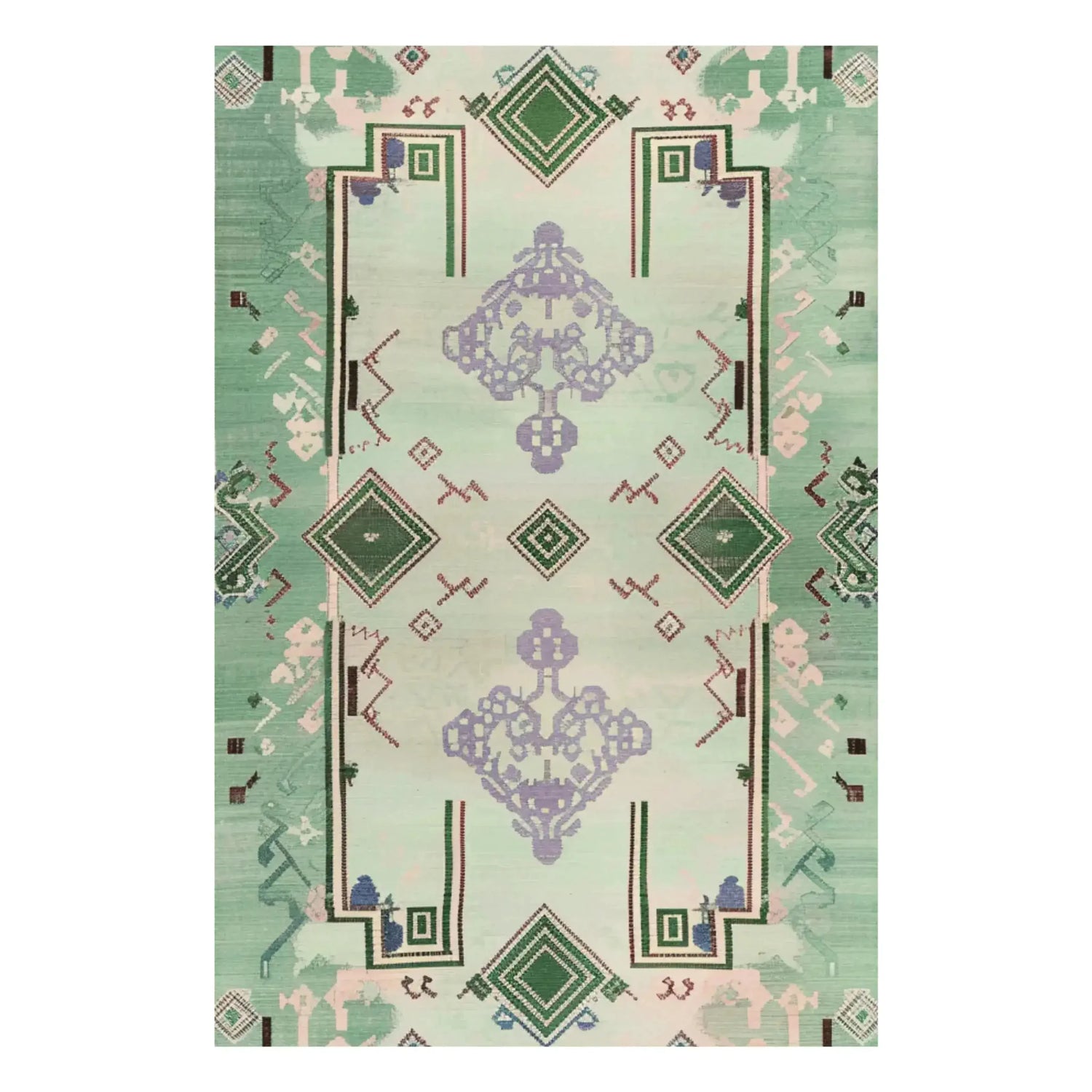 Ethereal Verde Hand Tufted Area Rug in soft greens and purples, perfect for enhancing a living room. This wool rug is designed with intricate geometric patterns, offering a stylish touch to any space. Ideal for large living room areas, this area rug combines elegance and functionality.