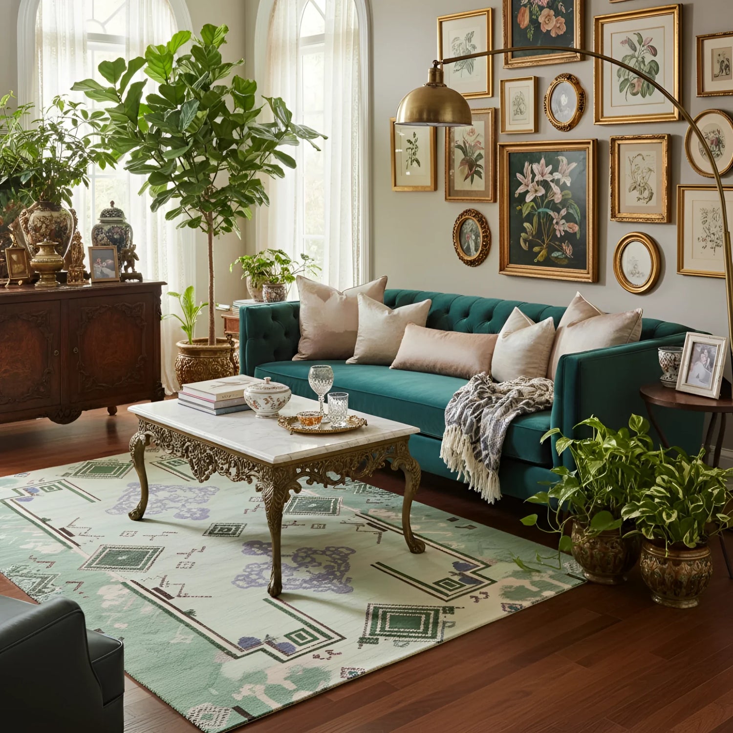 Living room with teal sofa, tribal green wool rug, decorative pillows, and framed artwork on the wall.