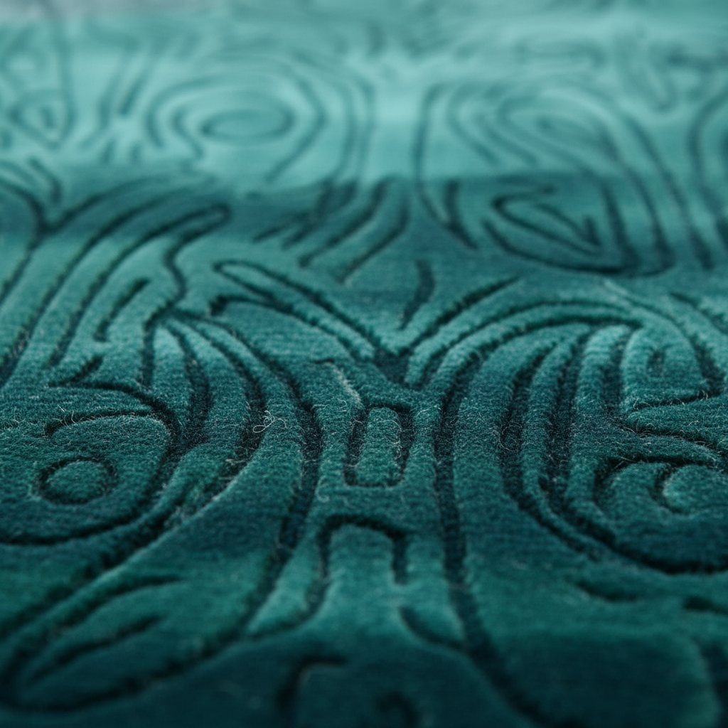 Close-up of teal rug with embossed pattern