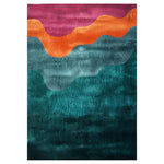Ethereal Waves Hand Tufted Wool Area Rug featuring a vibrant, abstract design with flowing patterns in shades of purple, orange, and teal. The intricate detailing adds a dynamic and artistic touch, making it a stunning centerpiece for any room.