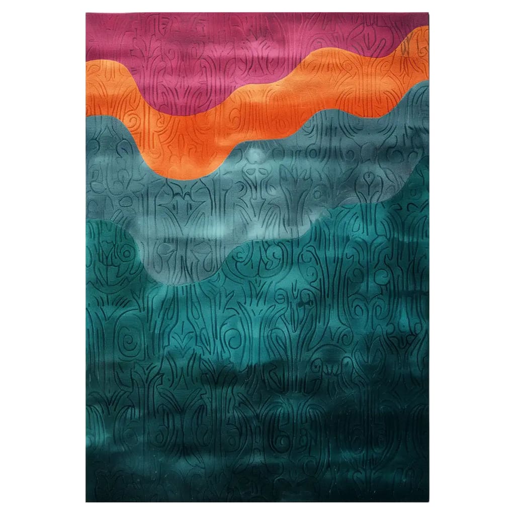 Ethereal Waves Hand Tufted Wool Area Rug featuring a vibrant, abstract design with flowing patterns in shades of purple, orange, and teal. The intricate detailing adds a dynamic and artistic touch, making it a stunning centerpiece for any room.