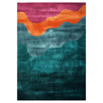 Ethereal Waves Hand Tufted Wool Area Rug featuring a vibrant, abstract design with flowing patterns in shades of purple, orange, and teal. The intricate detailing adds a dynamic and artistic touch, making it a stunning centerpiece for any room.