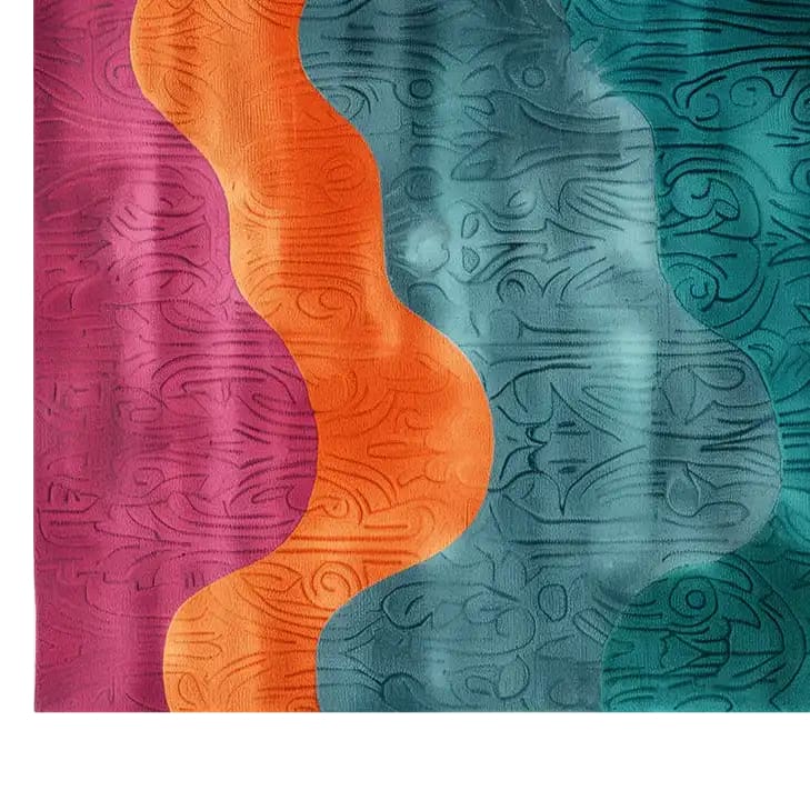A vibrant hand-tufted wool area rug featuring abstract, wavy patterns in shades of teal, orange, and purple. The intricate designs create a dynamic and lively appearance, perfect for adding a touch of artistic flair to any room.