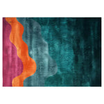 Top view of the Ethereal Waves Hand Tufted Wool Rug displaying its vibrant abstract design. The area rug features flowing patterns in deep teal, orange, gray, and pink hues, creating a visually striking aesthetic.