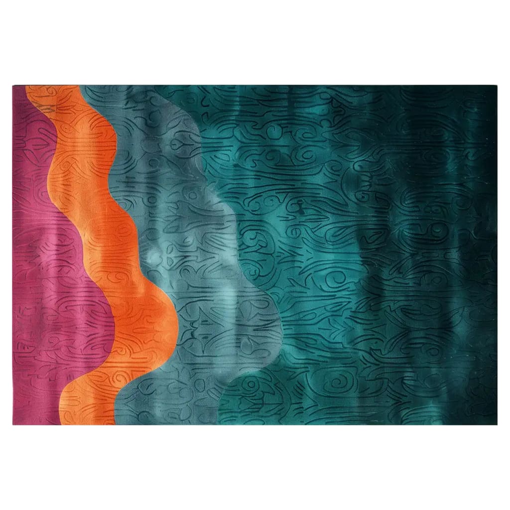 Top view of the Ethereal Waves Hand Tufted Wool Rug displaying its vibrant abstract design. The area rug features flowing patterns in deep teal, orange, gray, and pink hues, creating a visually striking aesthetic.