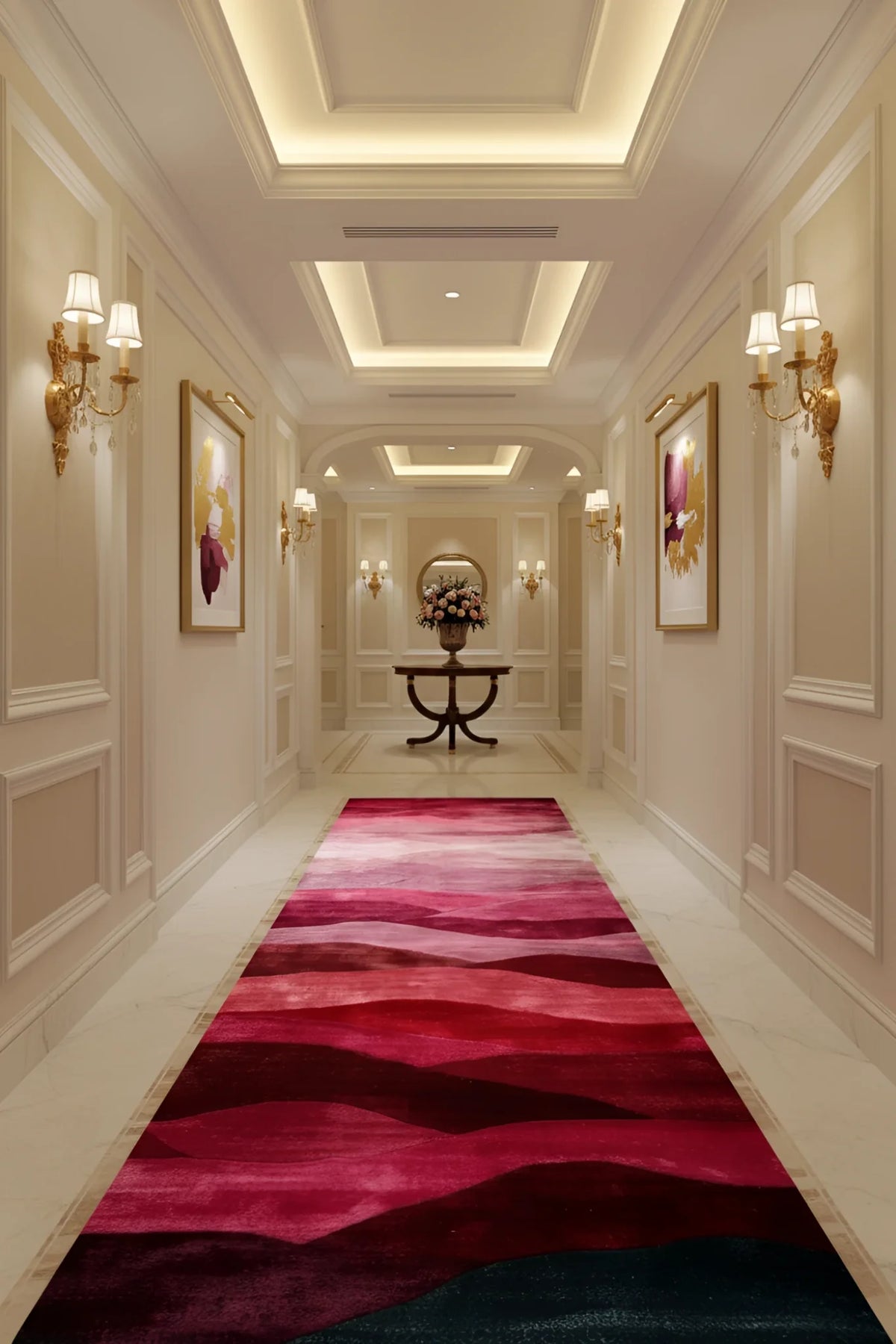 Luxurious hallway with a red and blue patterned rug, wall sconces, and framed artwork.