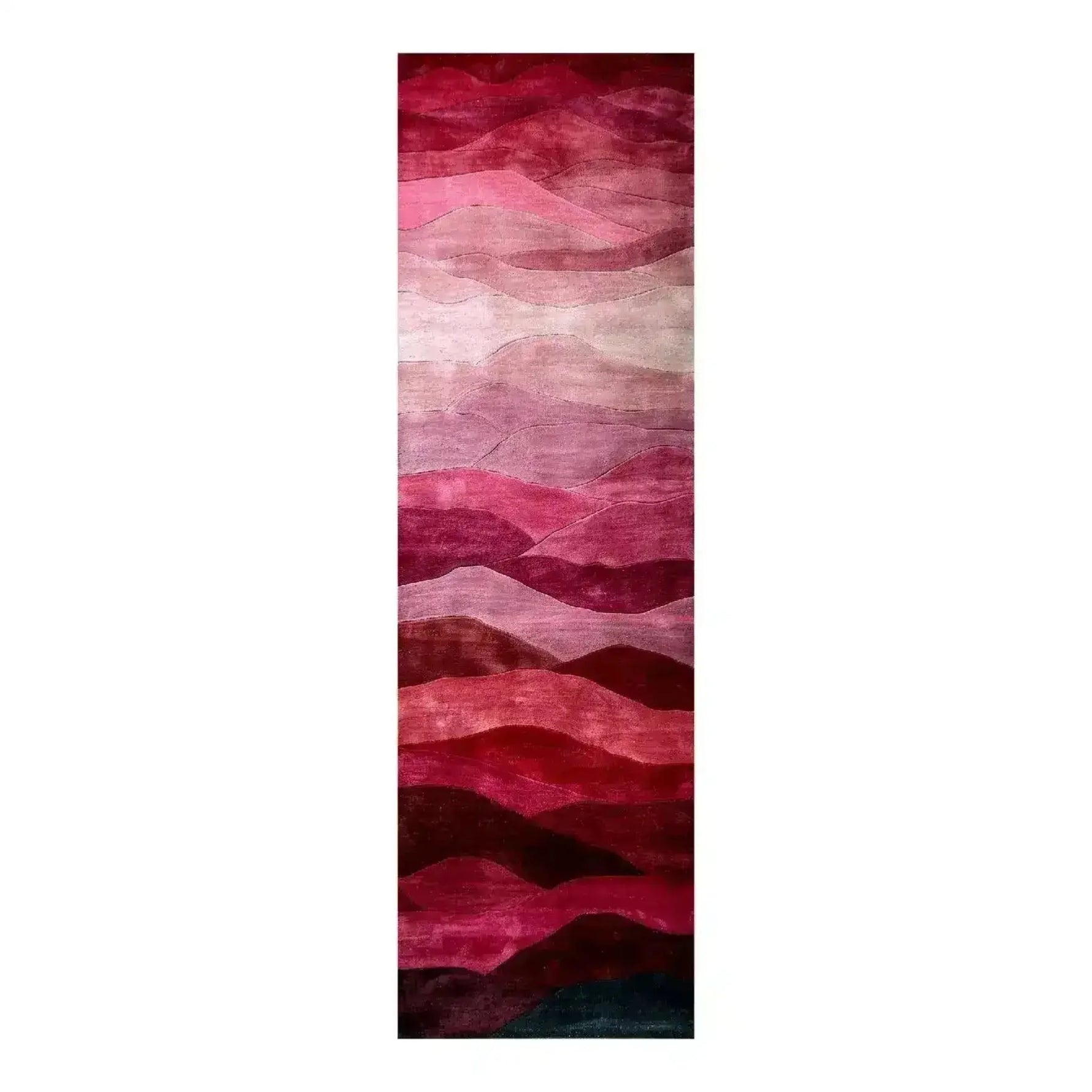 A vibrant Ethereal Waves Hand Tufted Wool Runner Rug featuring an abstract design in shades of red and pink. Perfect as an area rug for the living room, hallway runner rug, or kitchen runner rug, this contemporary wool rug adds a touch of elegance and warmth to any space.