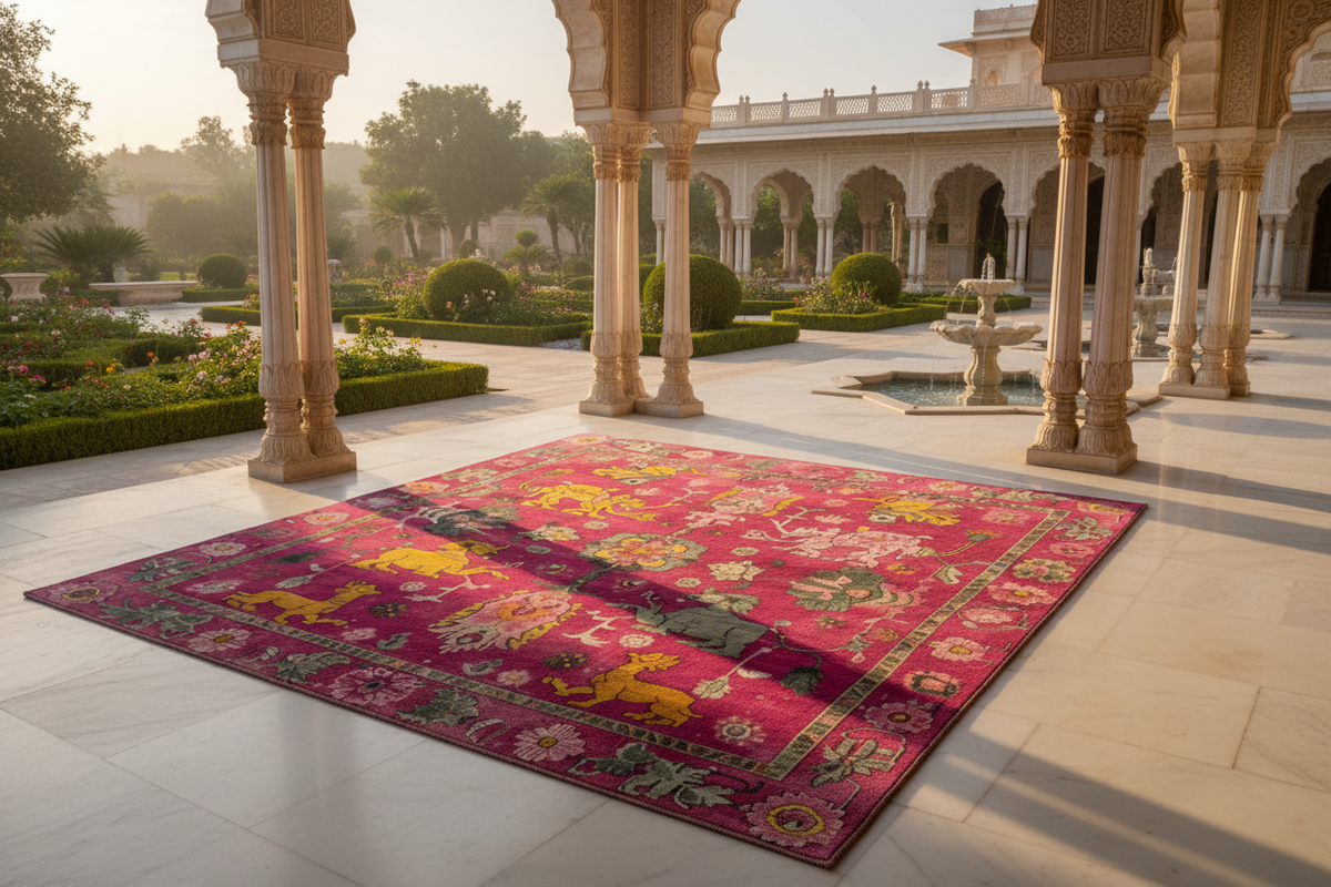 Colorful patterned rug on a stone floor with architectural columns and garden in the background