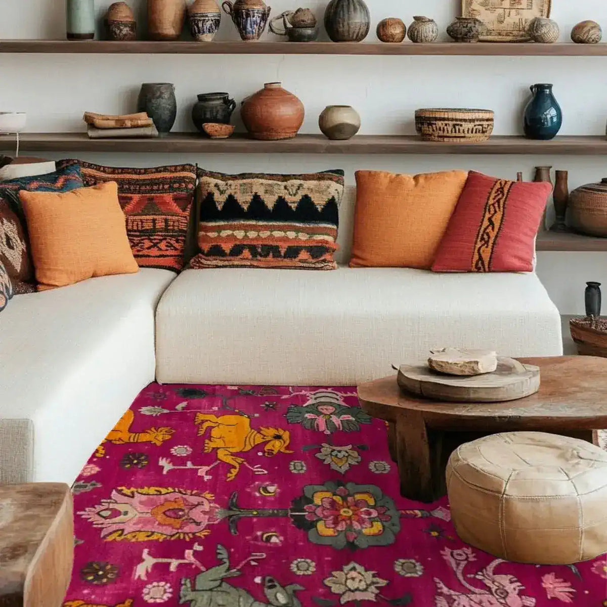 A vibrant, ethnic harmony tapestry wool hand knotted area rug with intricate patterns featuring lively colors. This square rug is beautifully placed in a cozy dining room setting, surrounded by eclectic pottery and a comfortable couch adorned with colorful cushions. Ideal for formal dining room areas, this Persian wool rug adds a touch of elegance and warmth.