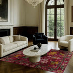 Elegant dining room featuring a vibrant Ethnic Harmony Tapestry Wool Hand Knotted Area Rug. The square area rug showcases intricate Persian designs in rich colors, adding a touch of sophistication. Perfect for formal dining room settings, this wool rug complements the luxurious décor and enhances the ambiance.