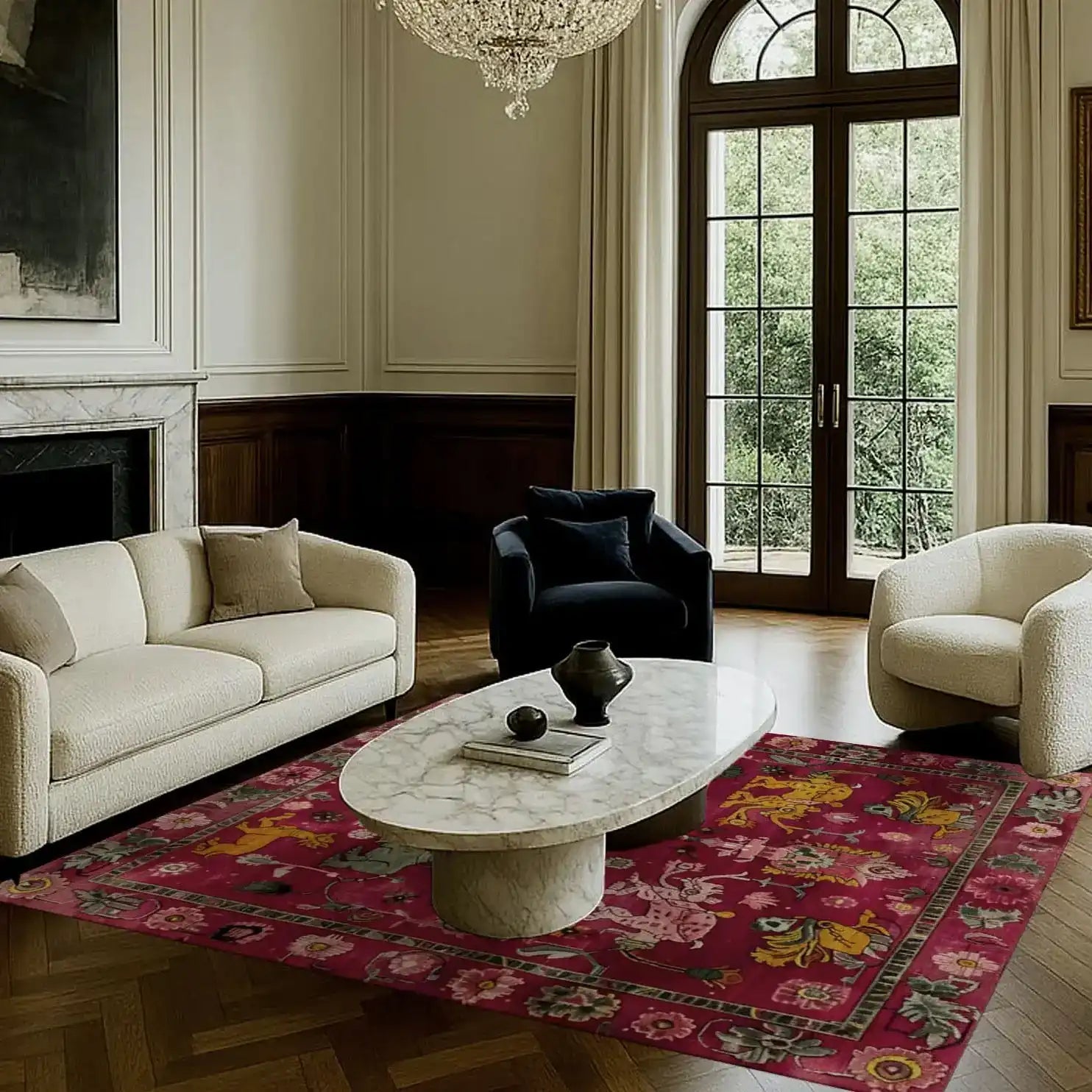 Elegant dining room featuring a vibrant Ethnic Harmony Tapestry Wool Hand Knotted Area Rug. The square area rug showcases intricate Persian designs in rich colors, adding a touch of sophistication. Perfect for formal dining room settings, this wool rug complements the luxurious décor and enhances the ambiance.