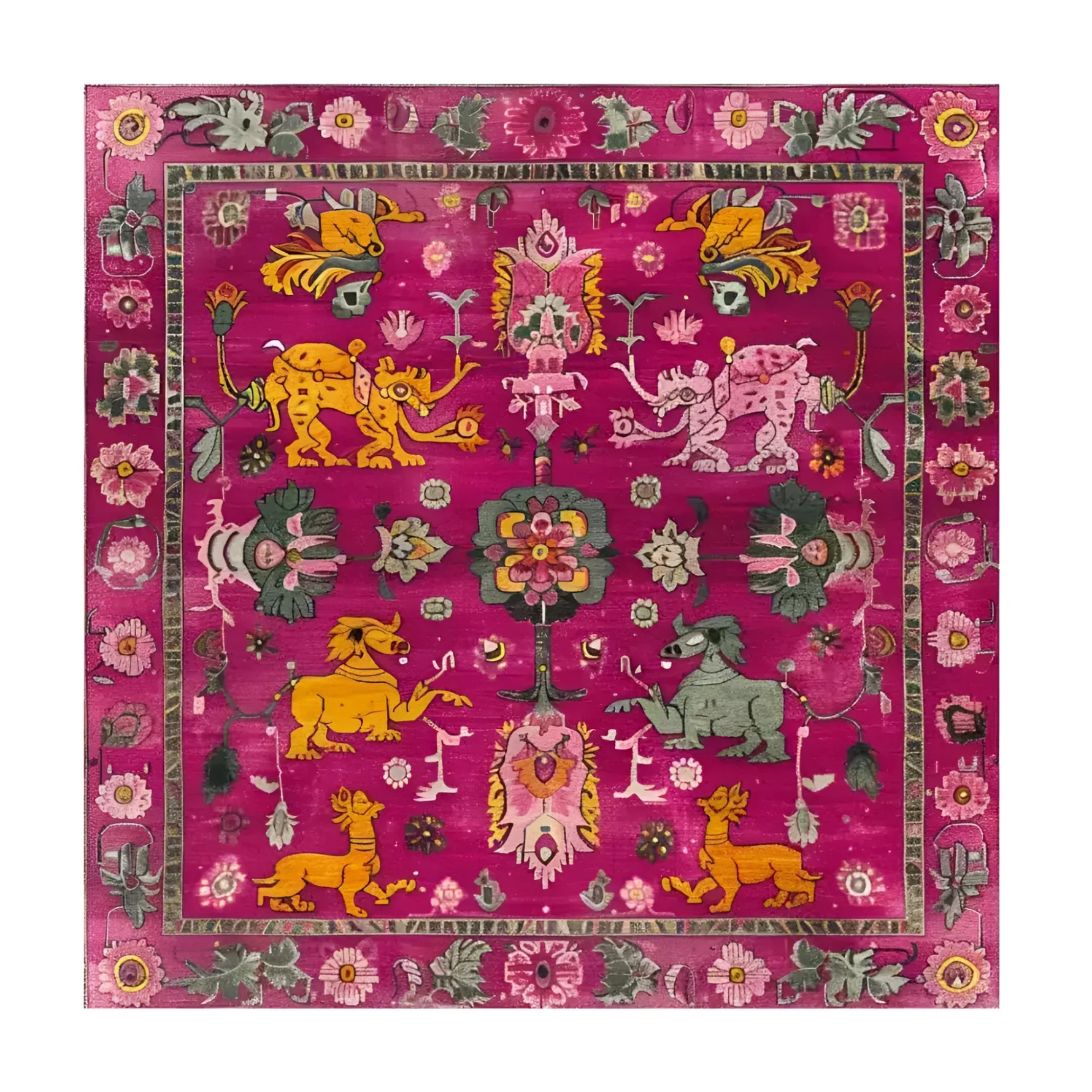 Vibrant wool hand-knotted area rug showcasing an intricate ethnic design with mythical creatures and floral patterns. Perfect as a Persian-inspired large area rug for dining rooms or living rooms, adding a pop of color and elegance to your space.