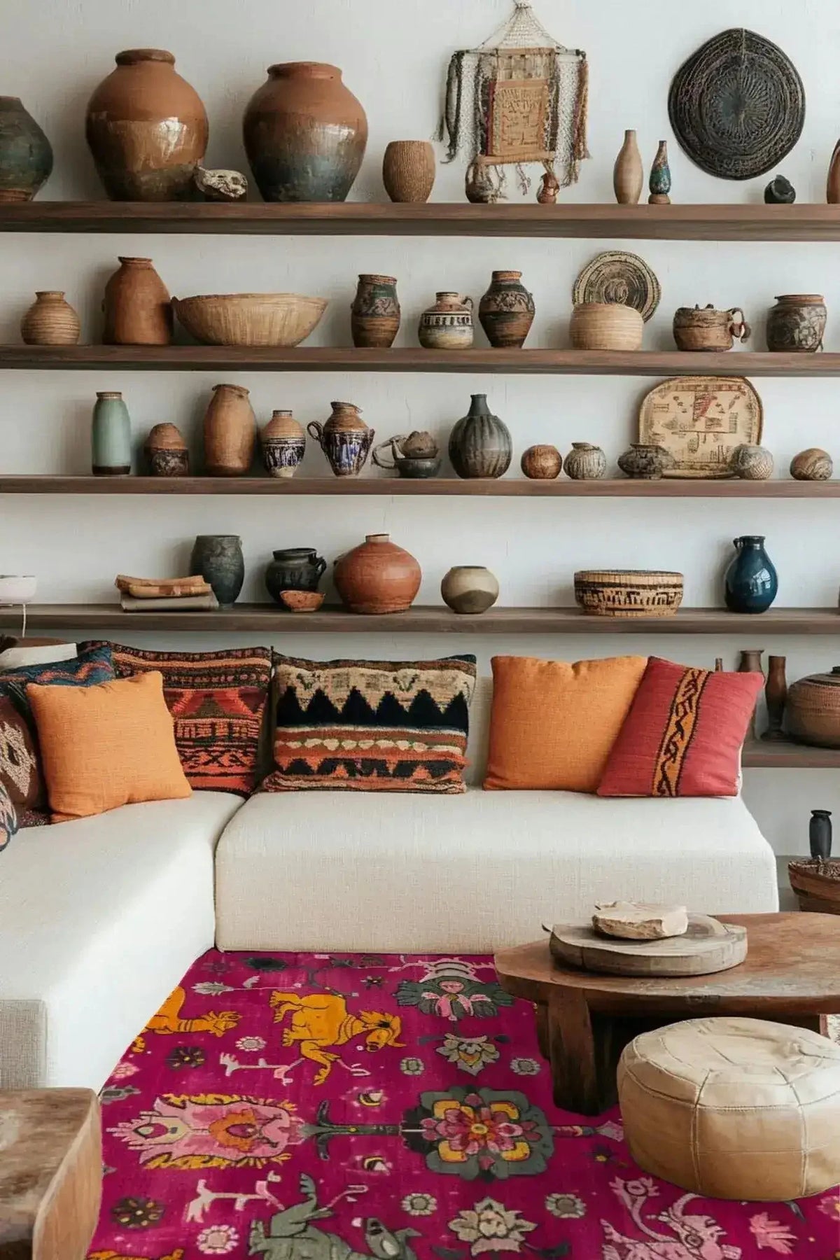 A vibrant Ethnic Harmony Tapestry Wool Hand Knotted Area Rug in a cozy living room setting. The square area rug features bold, colorful patterns, adding a touch of elegance to the space. Surrounded by rustic decor and plush cushions, this wool rug is perfect for enhancing dining room aesthetics with a Persian flair.