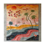 A vibrant hand-tufted wool area rug showcasing an abstract design with tropical elements, perfect for enhancing the living room space. The rug features a sunset scene with palm trees and flowers, combining warm and cool tones, ideal for those seeking unique area rugs for living room decor.