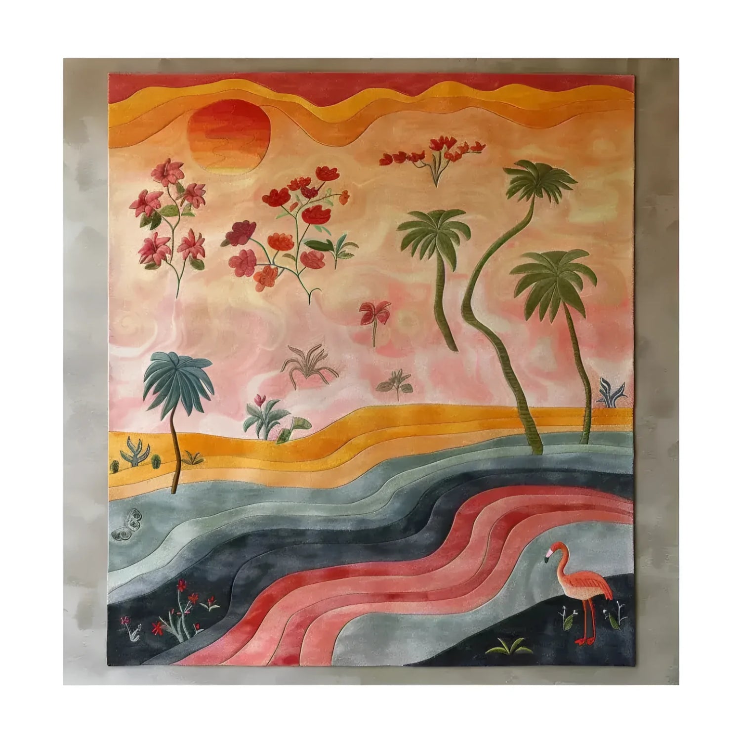 A vibrant hand-tufted wool area rug showcasing an abstract design with tropical elements, perfect for enhancing the living room space. The rug features a sunset scene with palm trees and flowers, combining warm and cool tones, ideal for those seeking unique area rugs for living room decor.