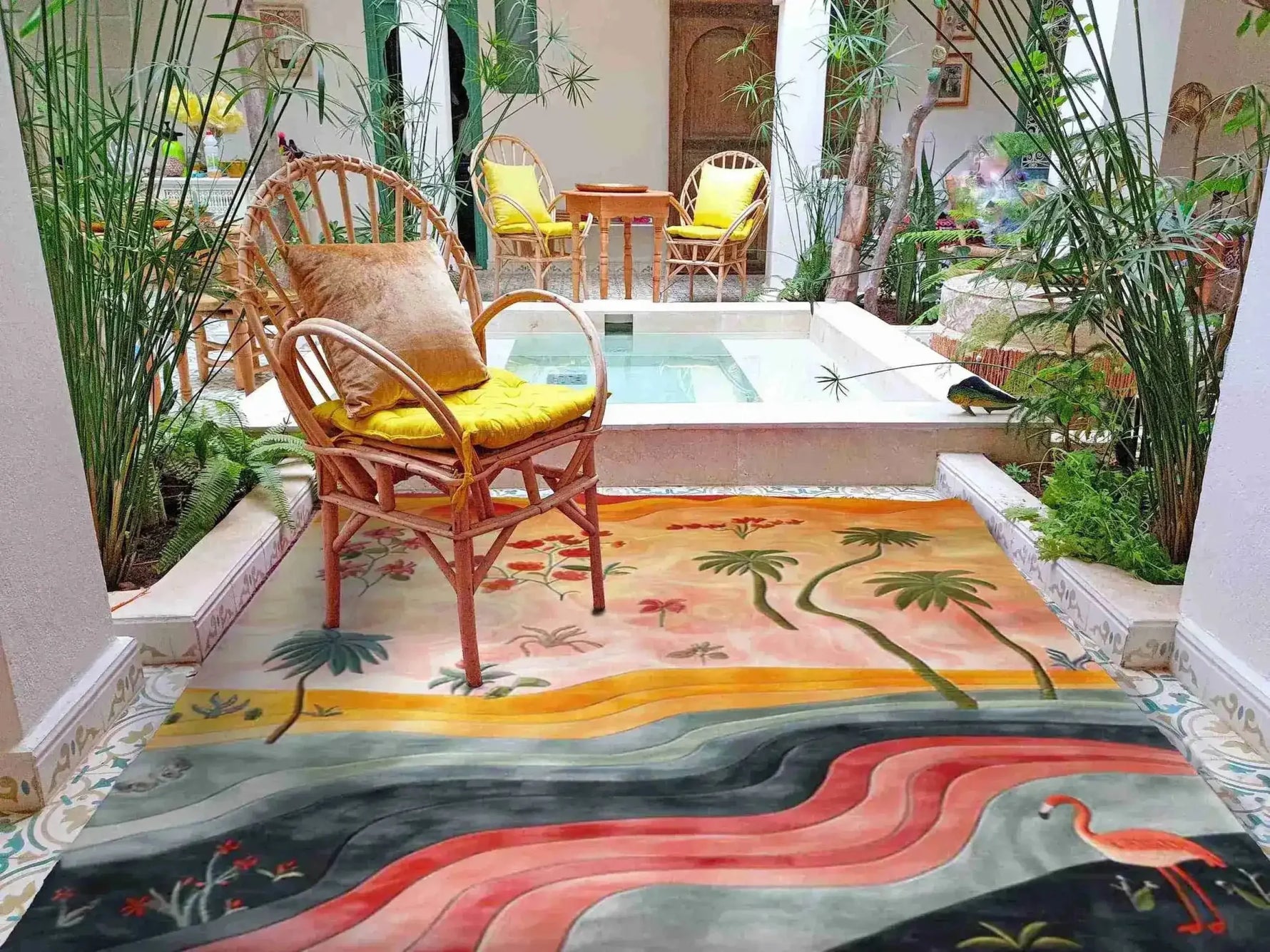 A vibrant hand-tufted wool area rug enhances a stylish living room space, featuring an abstract tropical design with palm trees and flamingos. The rug's warm colors complement the cozy wicker chair and lush indoor plants, creating an inviting atmosphere.