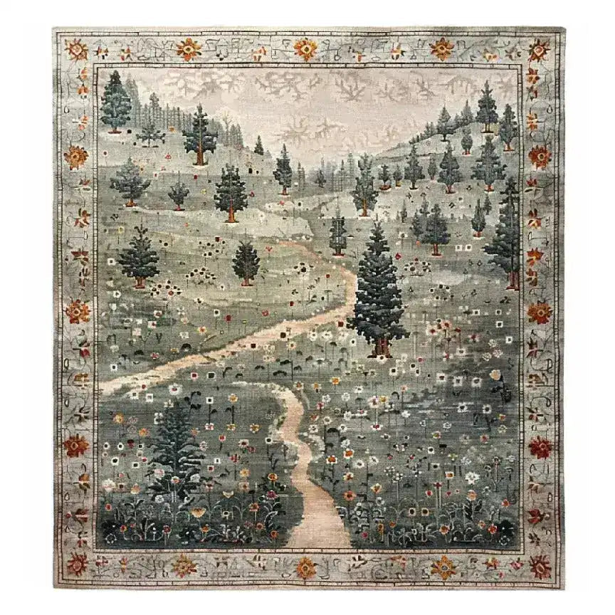 The Evergreen Elegance Hand Tufted Rug showcases a serene landscape design, featuring lush green hills and scattered trees. Perfect for adding warmth to your living room or bedroom, this wool area rug combines artistic beauty with functional elegance, making it an ideal choice for those seeking unique rugs for their living spaces.