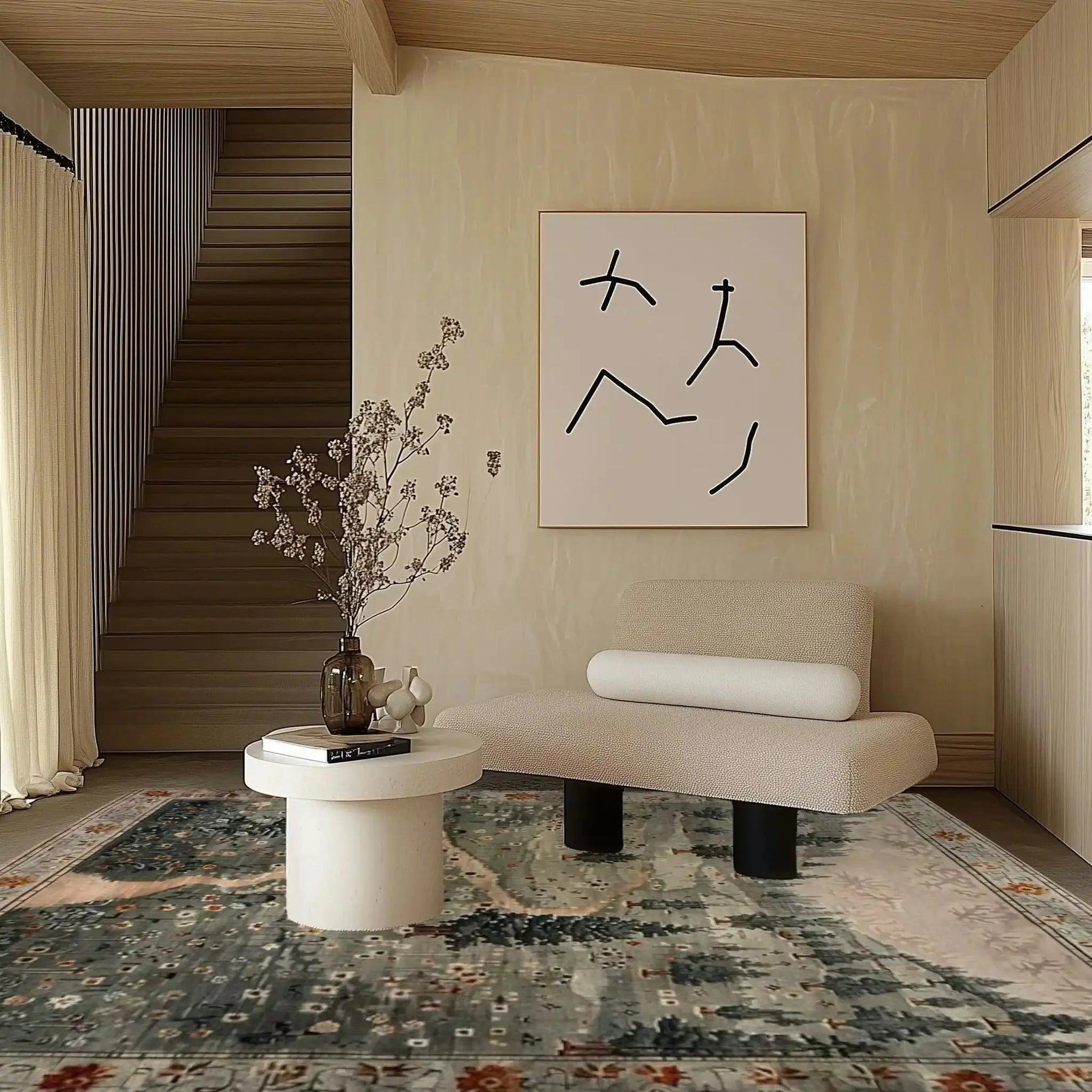 Stylish living room featuring the Evergreen Elegance Hand Tufted Area Rug. This wool rug adds a touch of sophistication with its intricate patterns, perfect for enhancing any living room or bedroom decor.