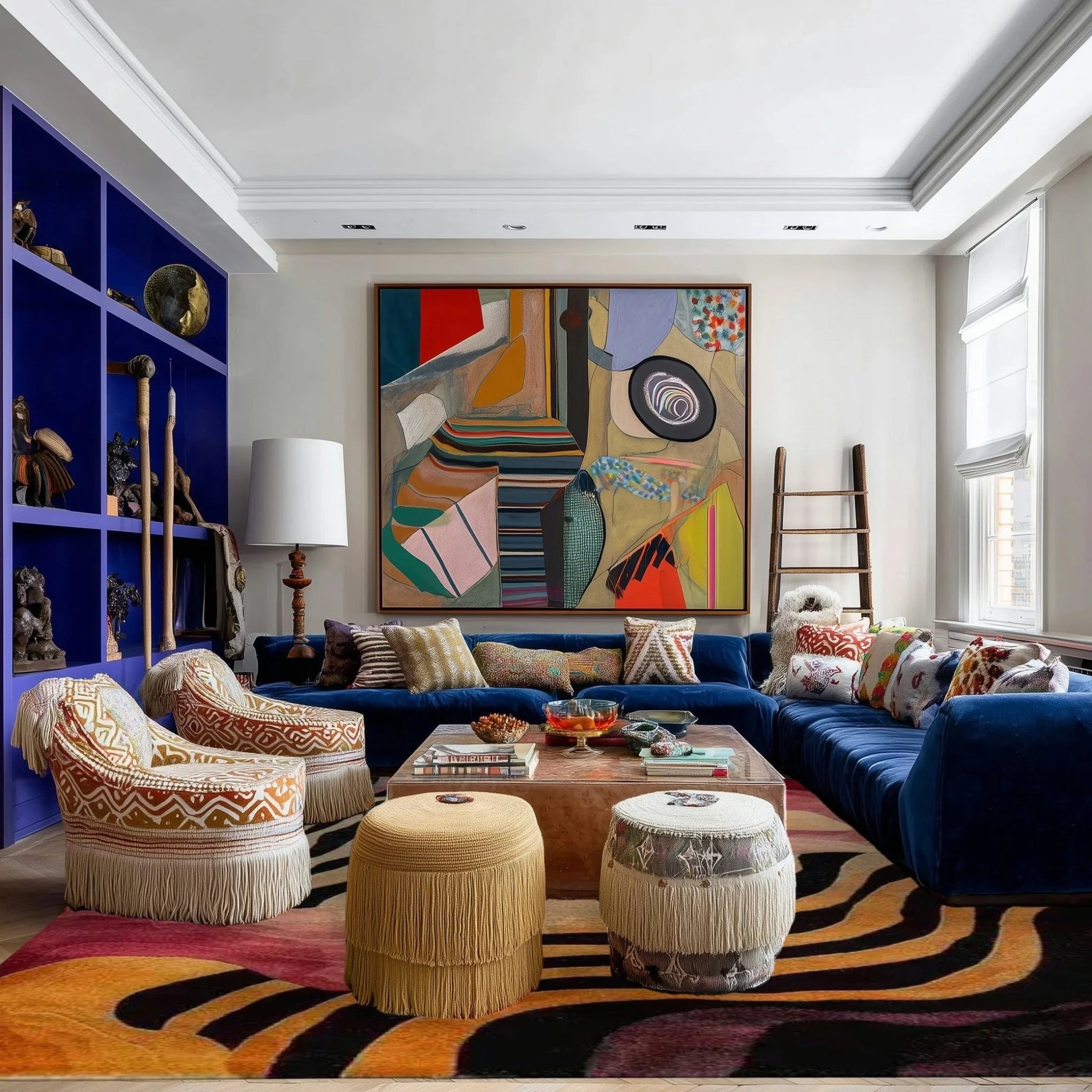 Evolving Forms viscose rug with bold black and orange swirling abstract pattern, styled with navy sectional