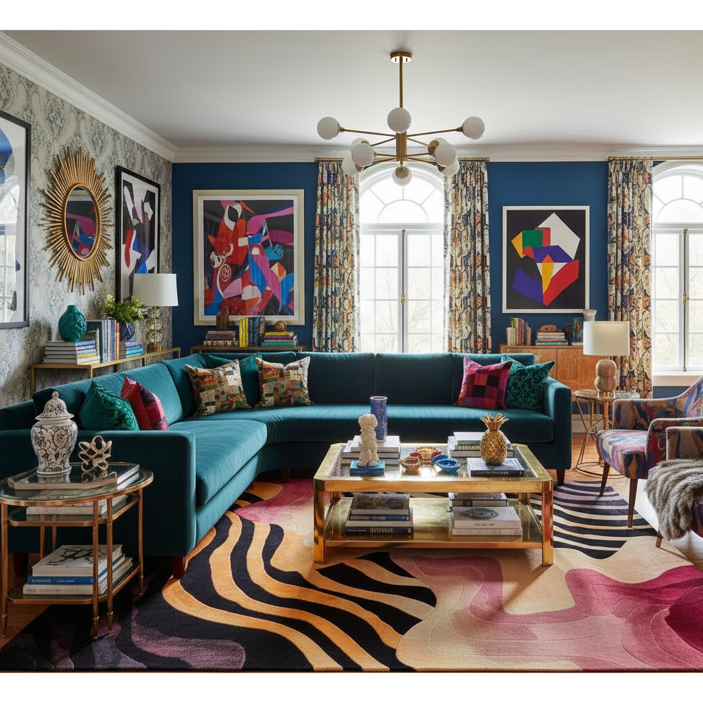 Colorful living room with a blue sectional sofa, abstract art, and patterned rug.