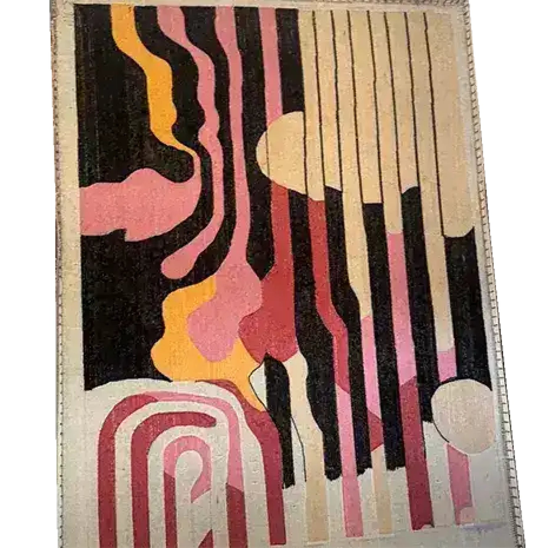 This is a vibrant, hand-tufted area rug measuring 3' x 8', perfect for large living rooms or dining rooms. The contemporary rug features an abstract design with bold, flowing patterns in shades of pink, yellow, and black, creating a striking visual appeal. Made from high-quality wool, this rug adds warmth and style to any living room area.