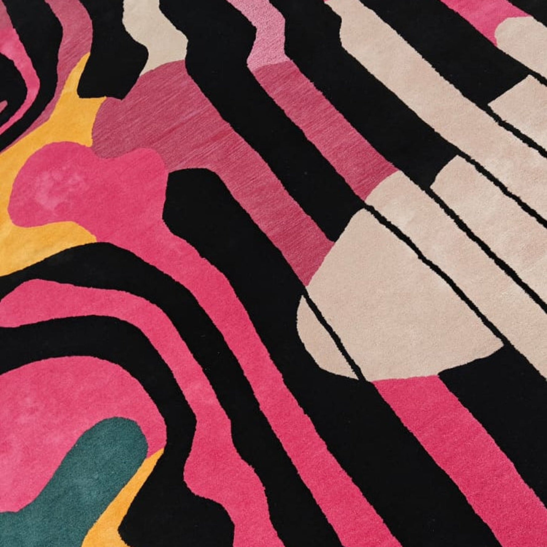 Colorful abstract rug with wavy patterns on a white floor.