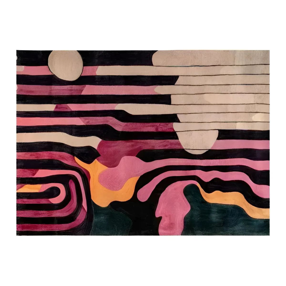 Evolving Shapes Hand Tufted Area Rug featuring an abstract design with bold pink, black, and orange patterns. This wool rug adds a touch of modern art to any living room or dining room, perfect for formal dining room decor.