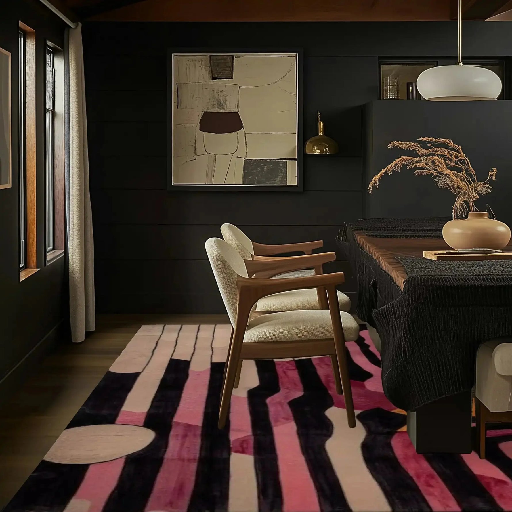 Modern dining room featuring the Evolving Shapes Hand Tufted Area Rug with abstract patterns in pink and black hues, adding sophistication to a cozy setting. Ideal for living room and dining room rugs, this wool rug enhances the formal dining room decor.