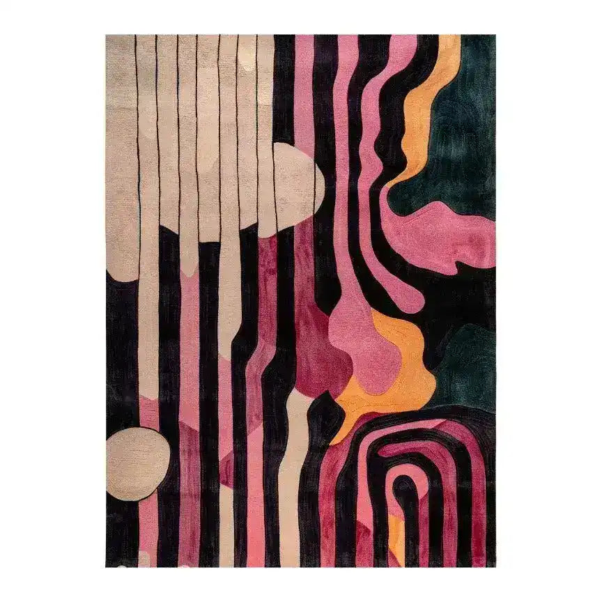 Evolving Shapes Hand Tufted Area Rug featuring an abstract design with bold pink, black, and orange patterns. This wool rug adds a touch of modern art to any living room or dining room, perfect for formal dining room decor.