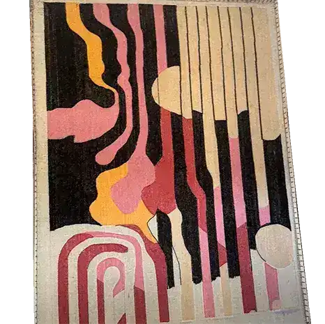 This is a vibrant, hand-tufted area rug measuring 3' x 8', perfect for large living rooms or dining rooms. The contemporary rug features an abstract design with bold, flowing patterns in shades of pink, yellow, and black, creating a striking visual appeal. Made from high-quality wool, this rug adds warmth and style to any living room area.